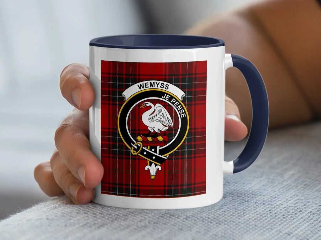 Clan Wemyss je pense tartan crest mug for heritage lovers — 11oz with black handle