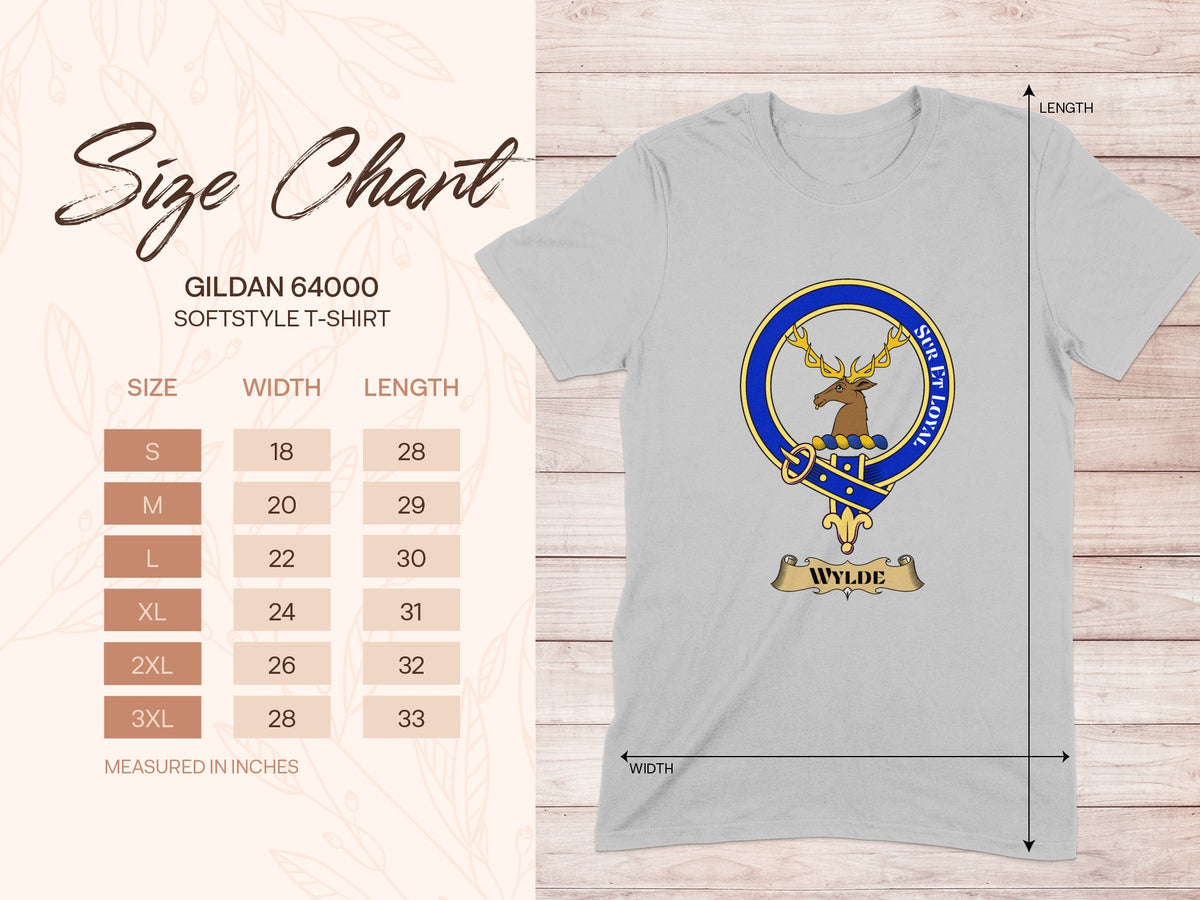 Gildan 64000 size chart for Wylde Scottish clan crest T-shirt