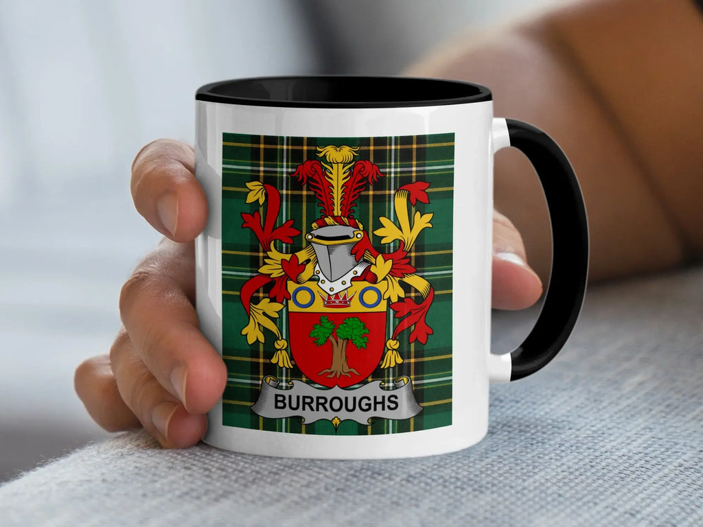 White mug with black rim featuring the BURROUGHS family crest on a plaid background.