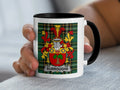 White mug with black rim featuring the BURROUGHS family crest on a plaid background.