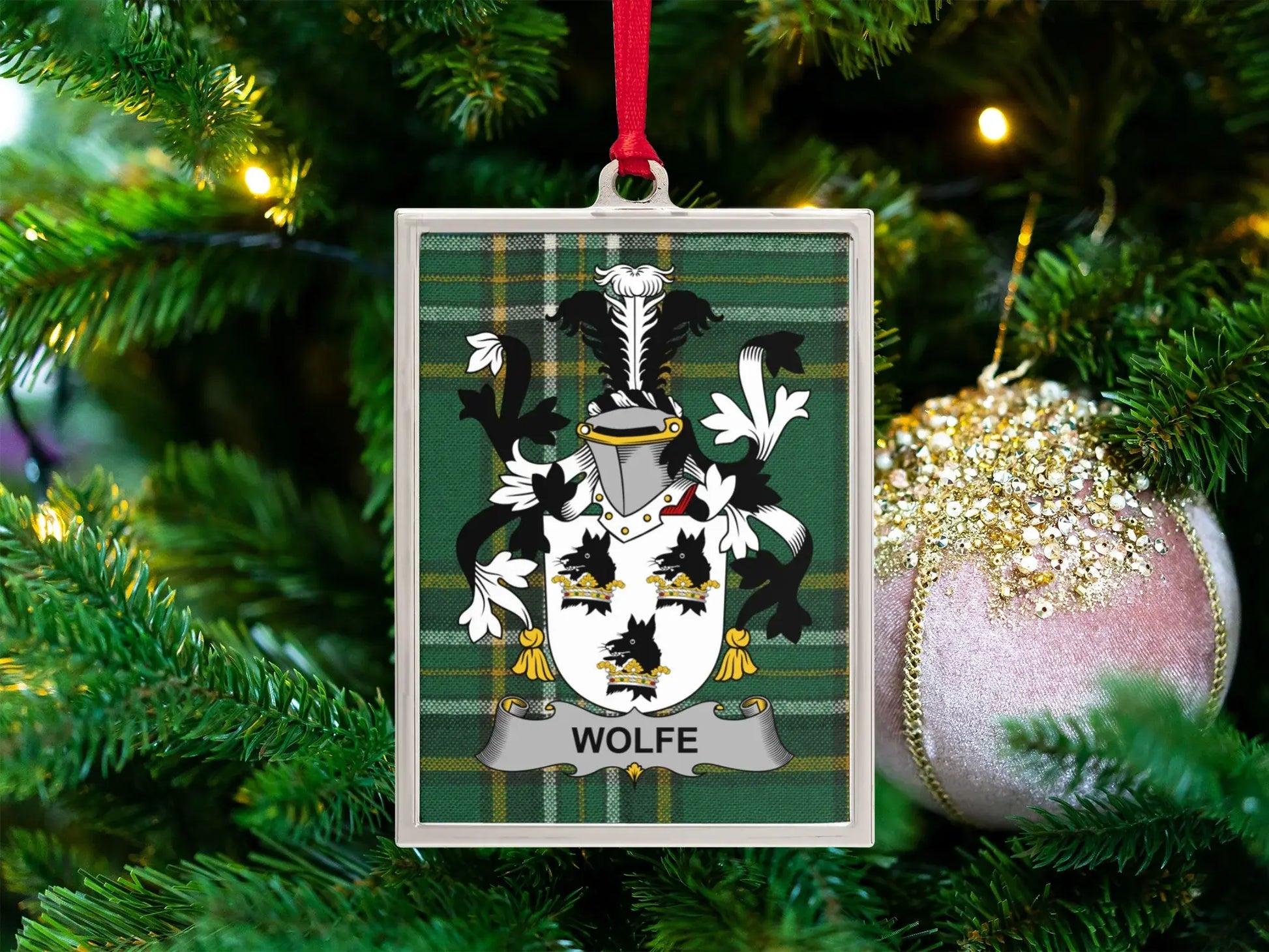 Wolfe Family Crest Personalized Christmas Ornament product