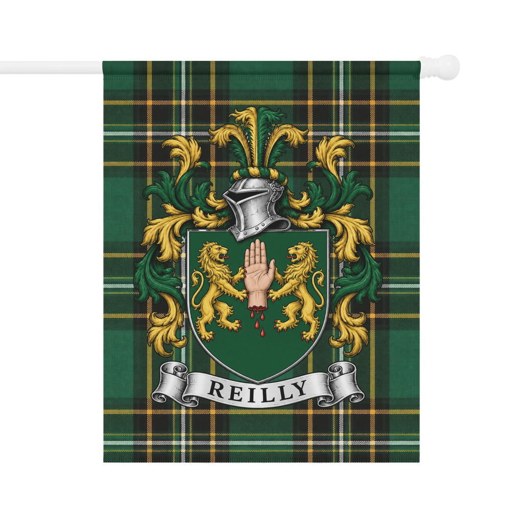 Reilly Irish National Tartan garden flag featuring the Reilly family crest