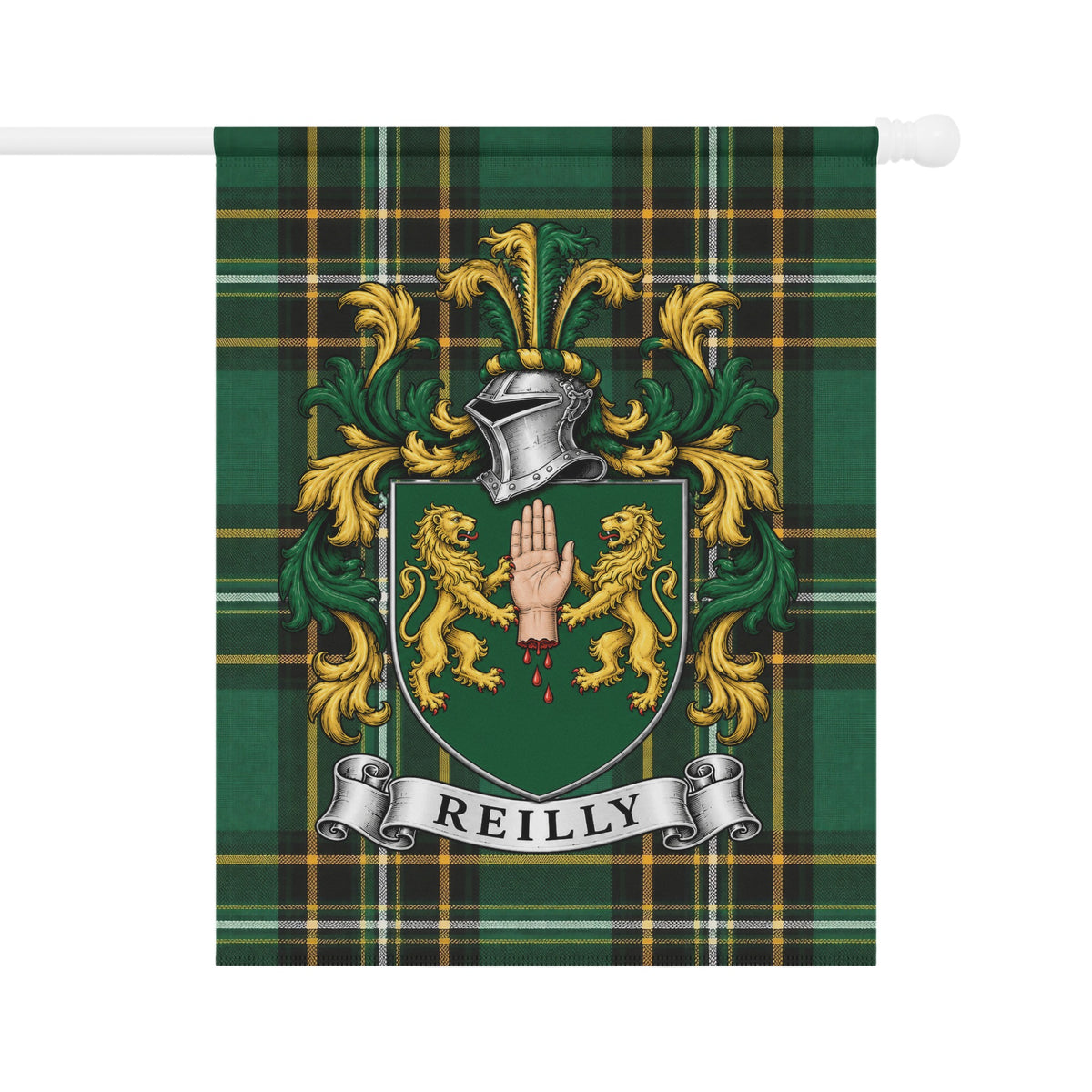 Reilly Irish National Tartan garden flag featuring the Reilly family crest