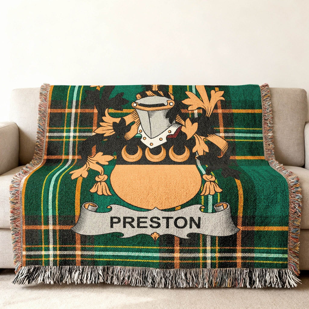 Green plaid throw blanket with Preston family crest and name.