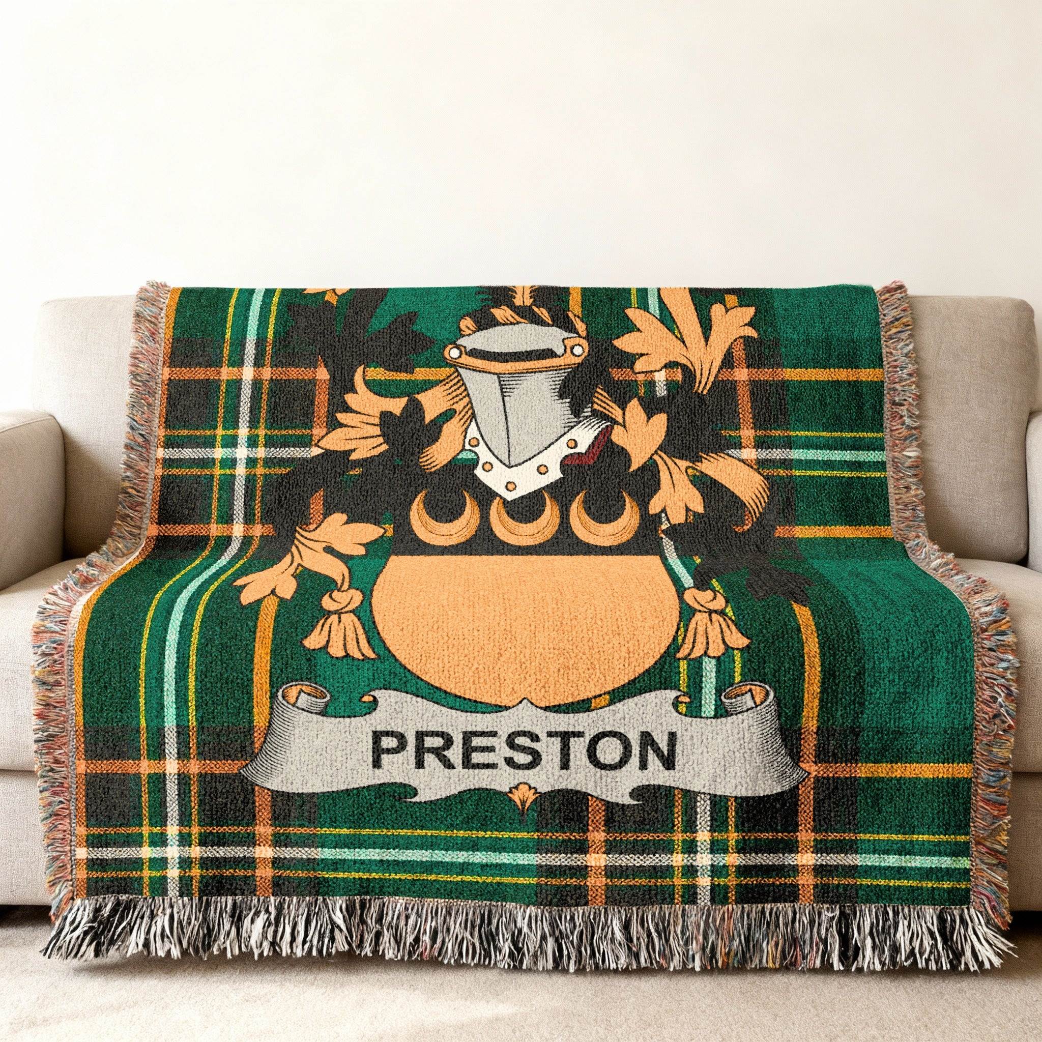 Green plaid throw blanket with Preston family crest and name.