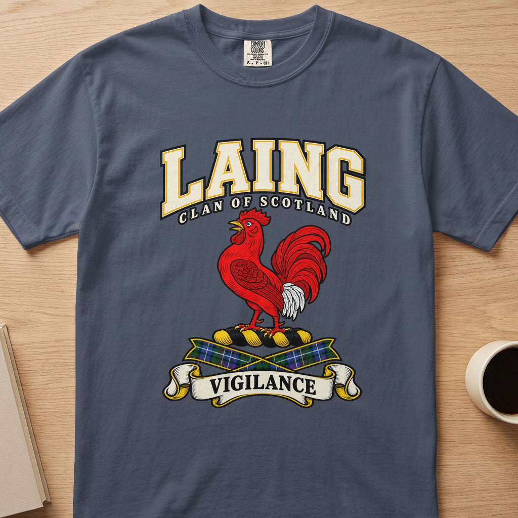 Laing clan crest with red rooster and Vigilance scroll on a slate blue Comfort Colors T-shirt, front view