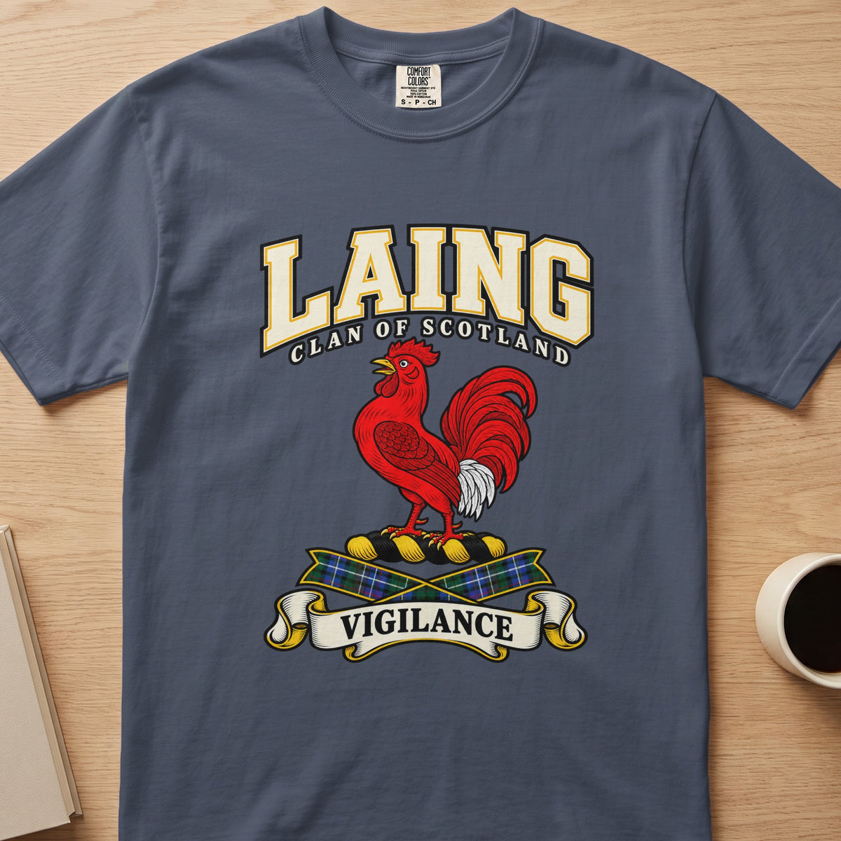 Laing clan crest with red rooster and Vigilance scroll on a slate blue Comfort Colors T-shirt, front view