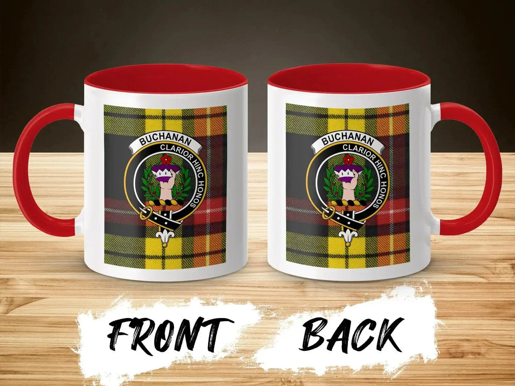 Buchanan clan crest tartan mug — red handle, 11 oz ceramic