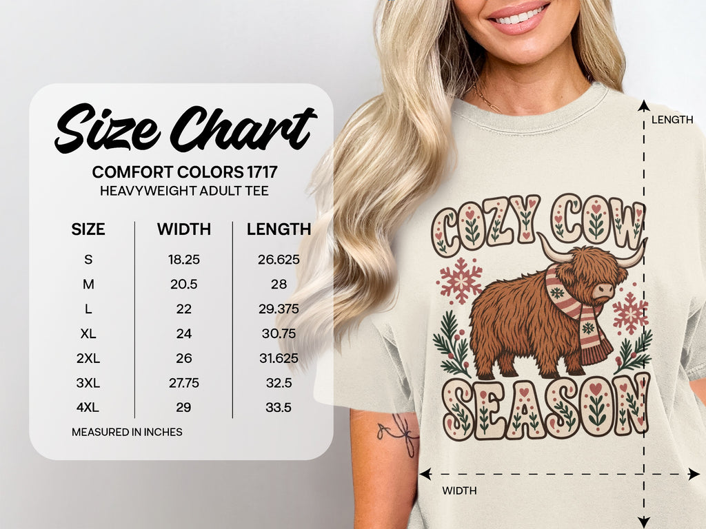 Comfort Colors 1717 size chart, S–4XL, for the Cozy Cow Season Highland cow T-shirt