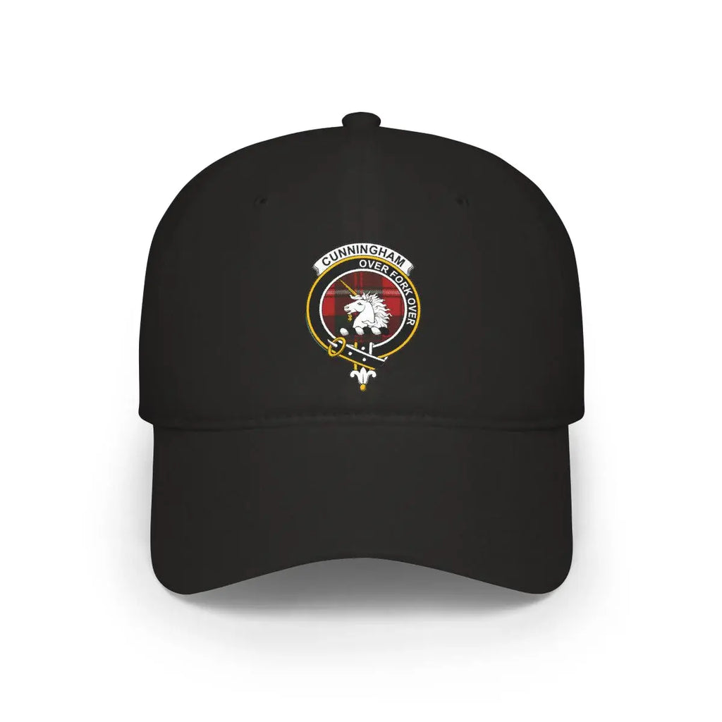 Cunningham clan crest tartan cap in black — 100% cotton with unicorn heraldic design on front panel