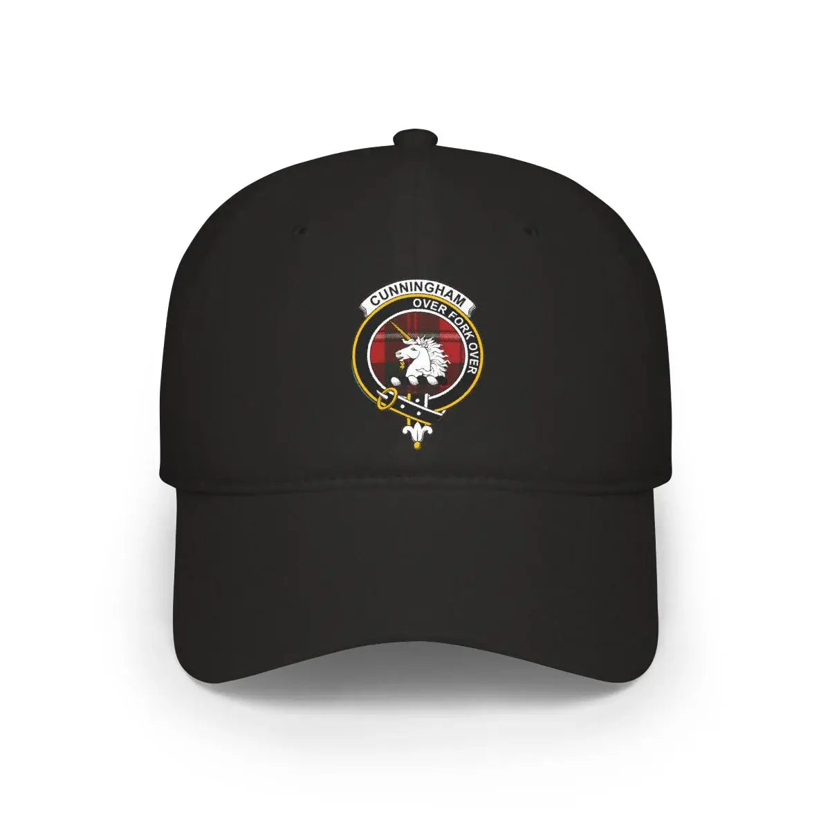 Cunningham clan crest tartan cap in black — 100% cotton with unicorn heraldic design on front panel