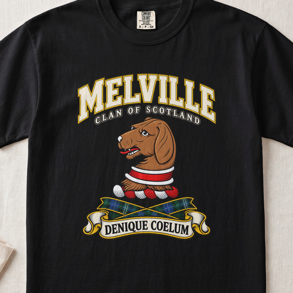 Melville Scottish clan T-shirt in Black, front view with a brown hound head with a red and white collar and motto banner.