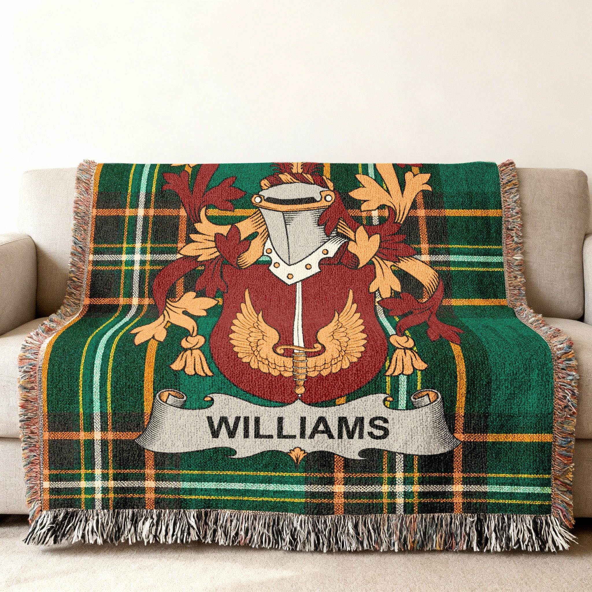 Woven plaid throw blanket featuring the Williams family crest in the center.
