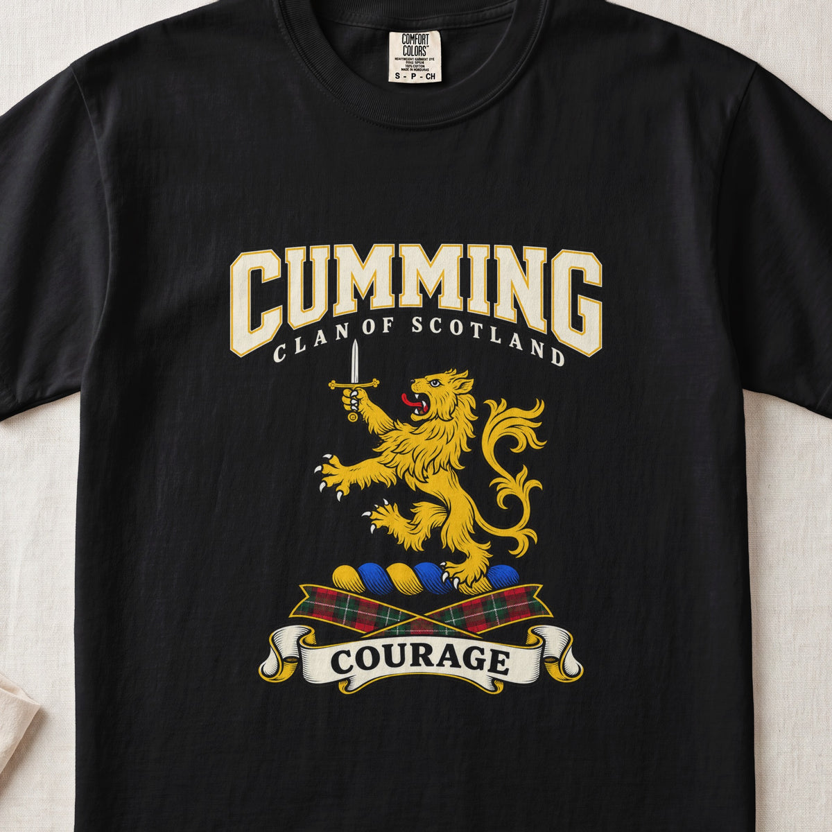 Cumming Scottish clan graphic T-shirt in Black, front view