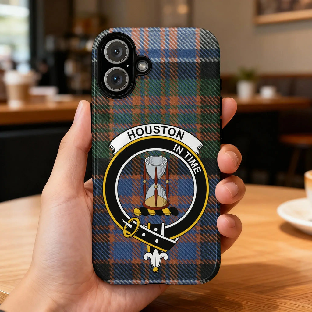 Clan Houston crest phone case — iPhone fit shown, edge-to-edge tartan print with precise port cutouts