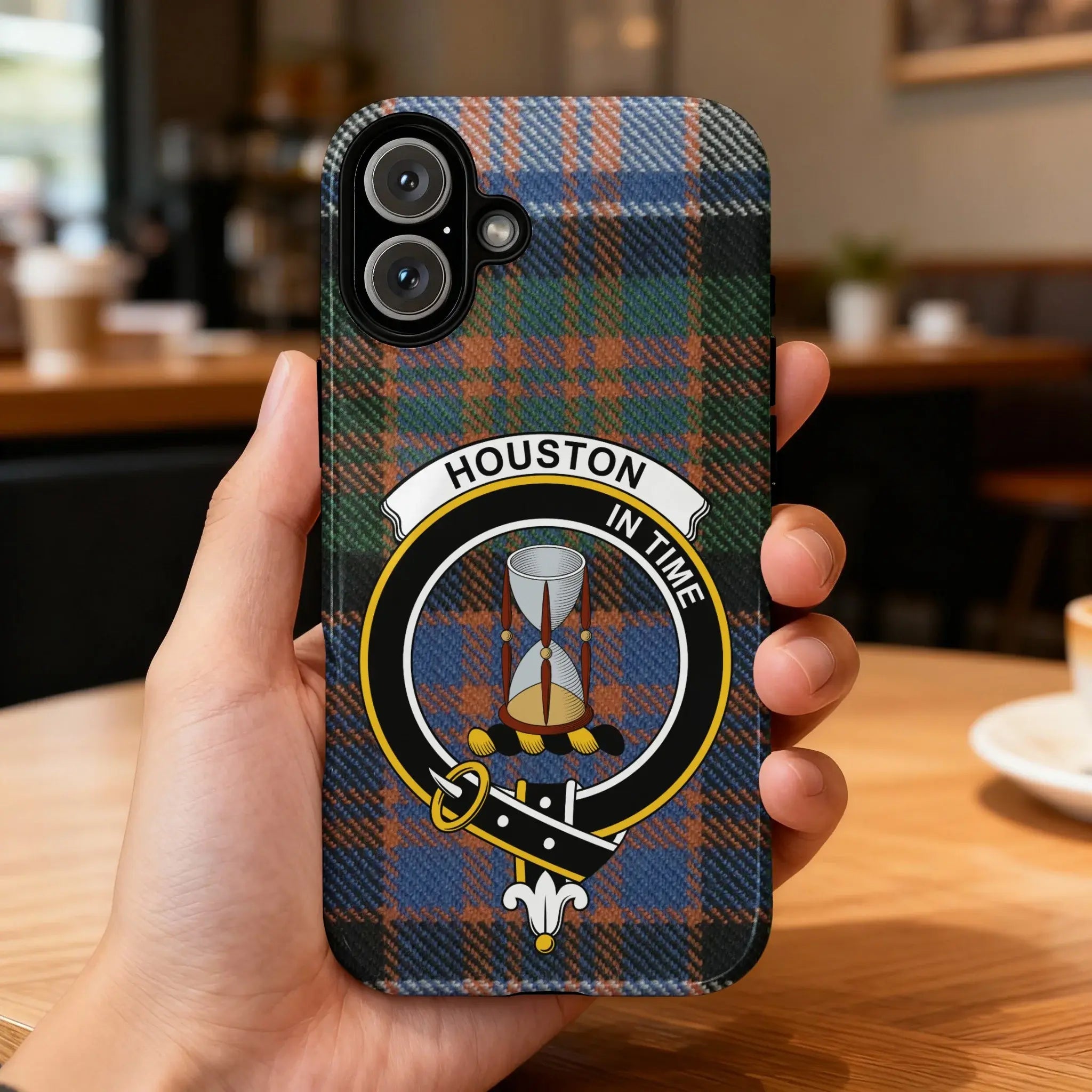 Clan Houston crest phone case — iPhone fit shown, edge-to-edge tartan print with precise port cutouts