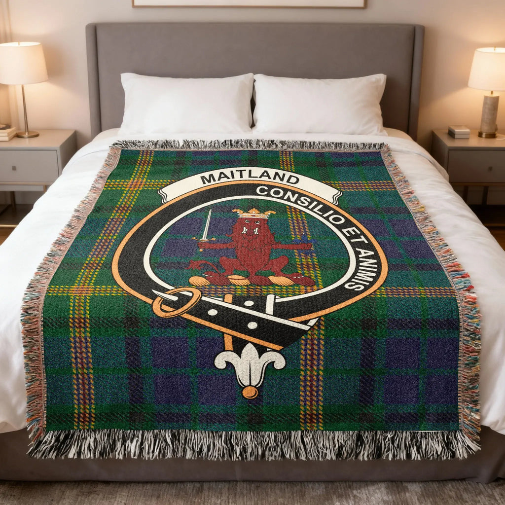 Clan Maitland tartan woven blanket — cotton throw with Consilio et Animis crest and plaid tartan detail