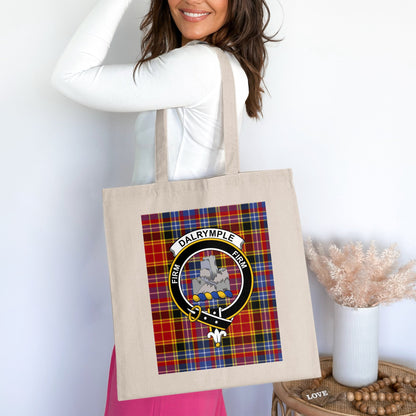 Dalrymple Family Crest on Red Tartan Background Tote Bag - Living Stone Gifts