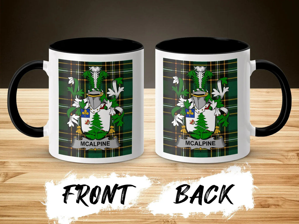 Two views of a mug with the McAlpine family crest on a plaid background.