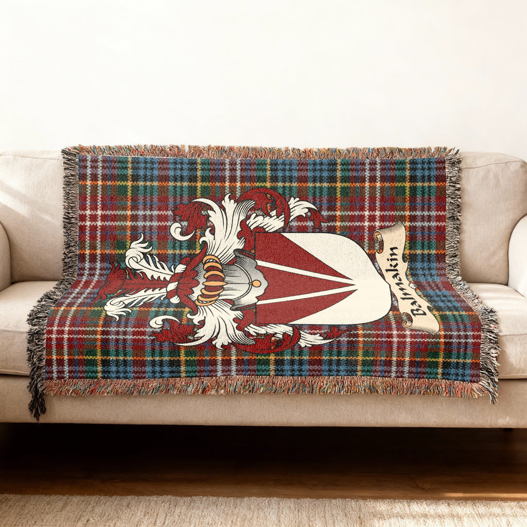 Size guide for Balmakin Scottish family shield woven blanket on a Caledonia tartan background
