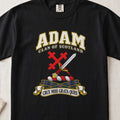 Adam Scottish clan T-shirt in Black, front view with a silver sword crossed with a red cross and motto banner.