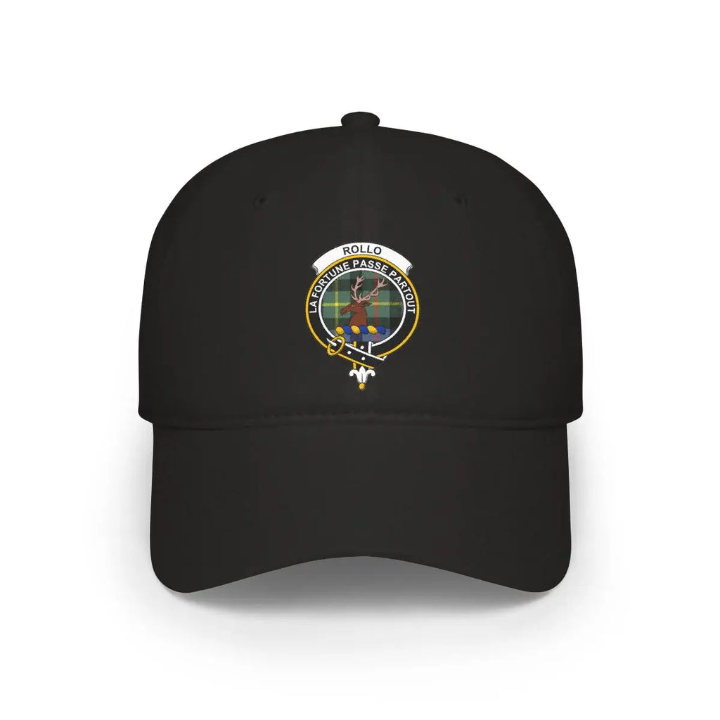Clan Rollo crest tartan cap in black — printed La Fortune Passe Partout stag emblem, low-profile cotton hat