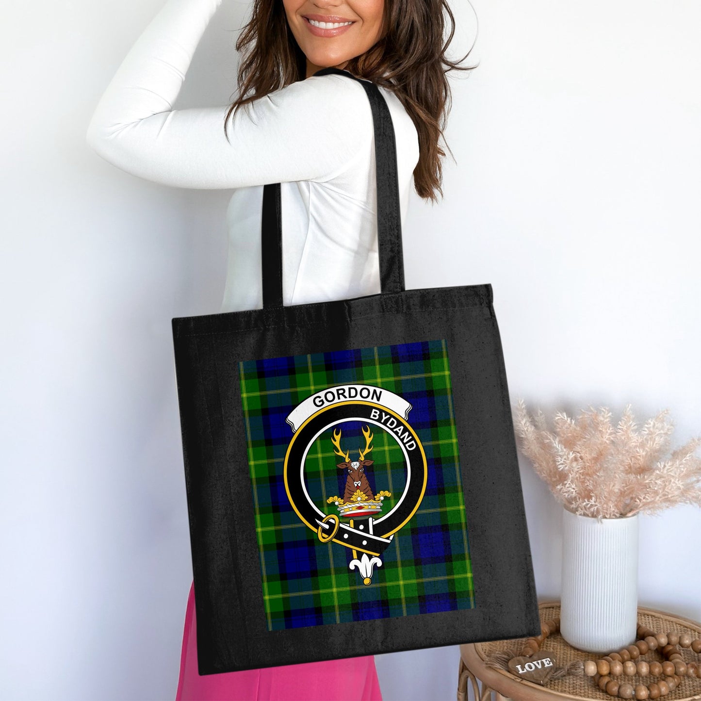 Gordon Crest on Green Blue Tartan Gordon Byand Tote Bag - Living Stone Gifts