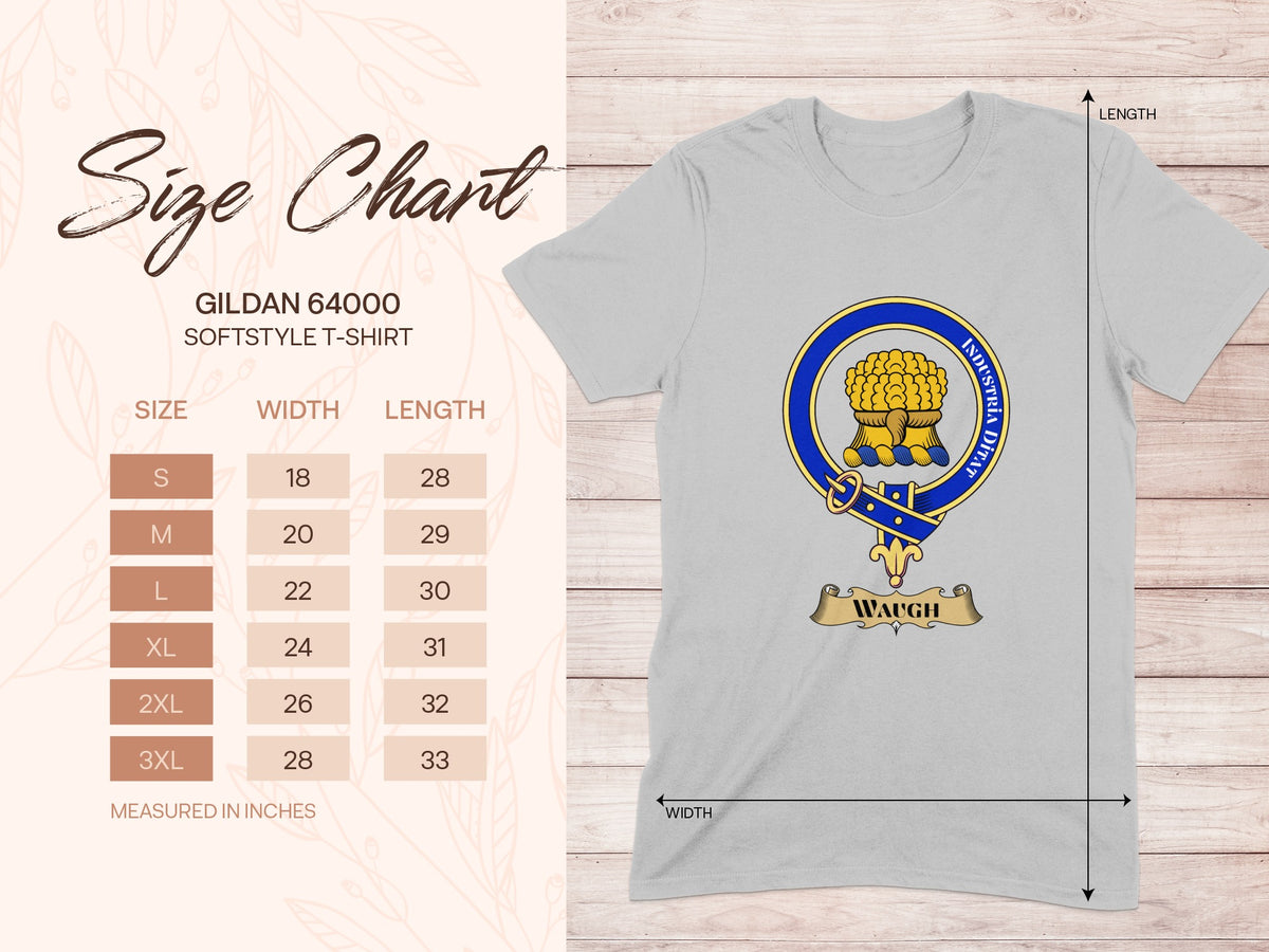 Gildan 64000 size chart for Waugh Scottish clan crest T-shirt