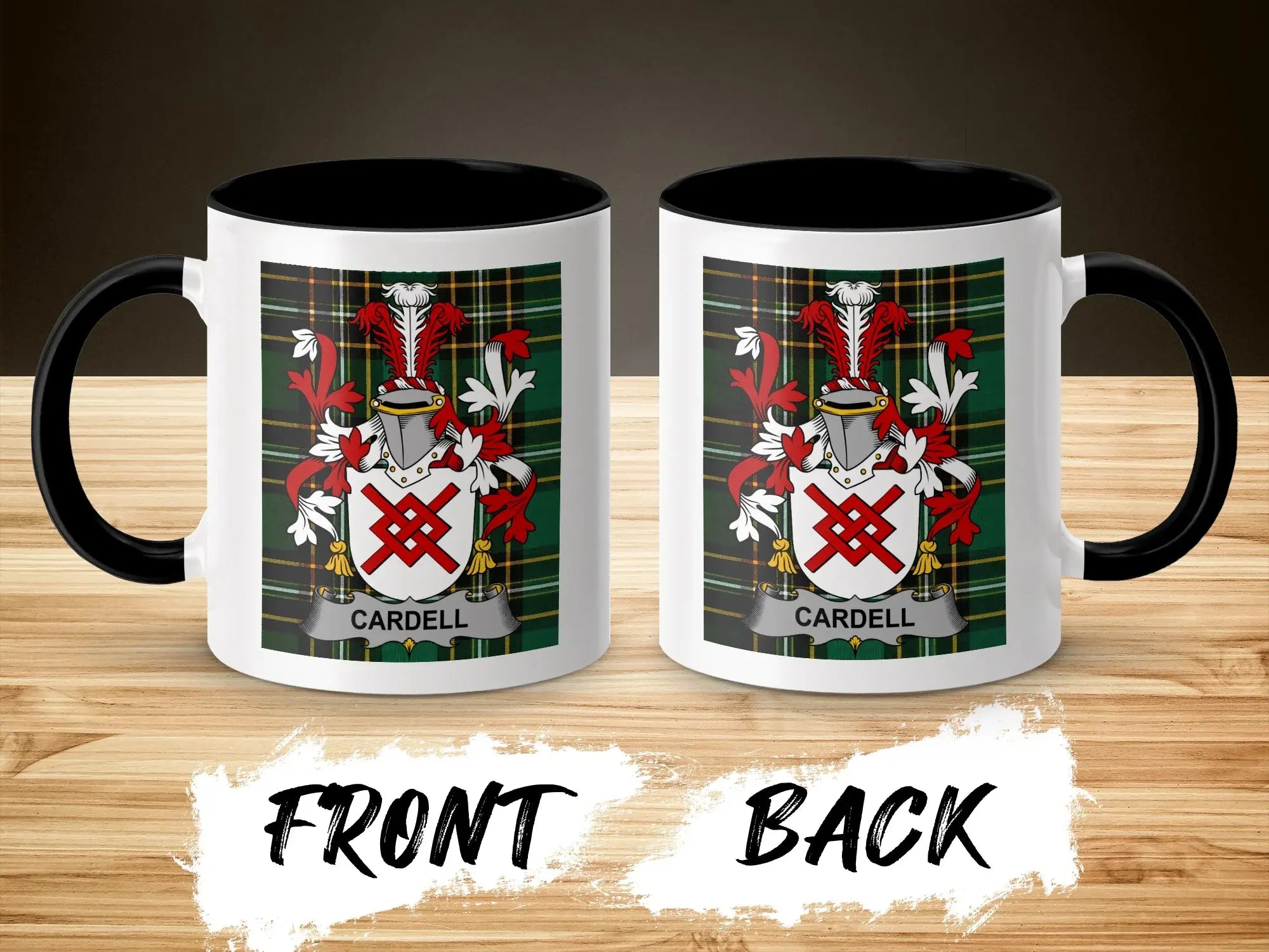 Two views of a black and white mug with the "CARDELL" family crest on both sides.