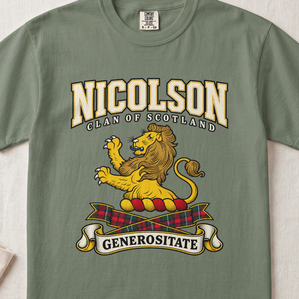 Nicolson Scottish clan graphic T-shirt in Moss, front view