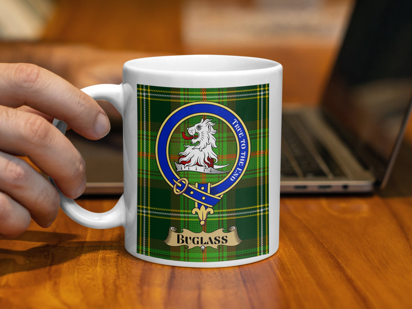 Scottish Buglass Clan Crest Design with Tartan Mug - Living Stone Gifts