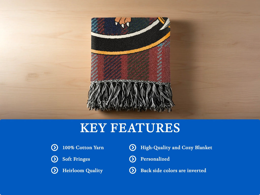 MacGillivray clan tartan woven blanket fringe close-up — cotton yarn texture and weave detail