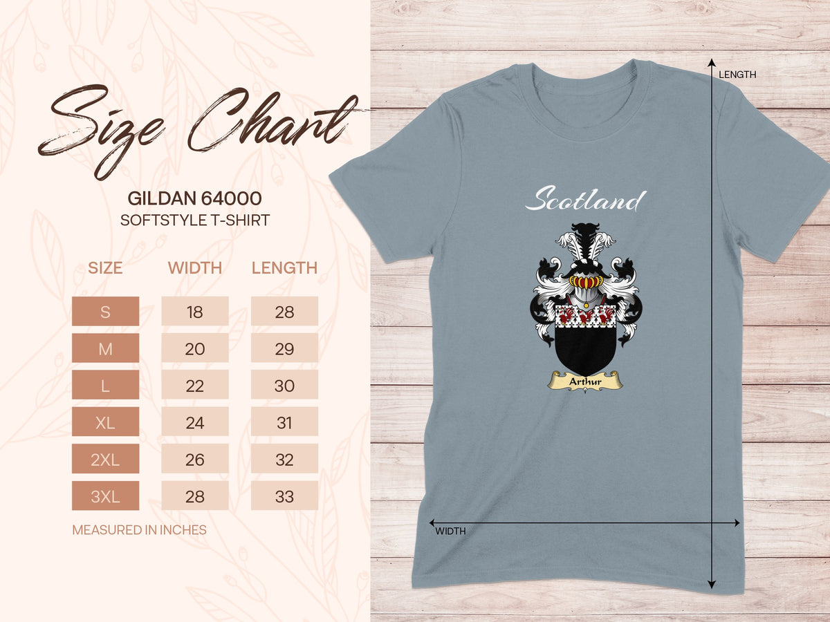 Gildan 64000 size chart for Arthur Scottish family shield T-shirt