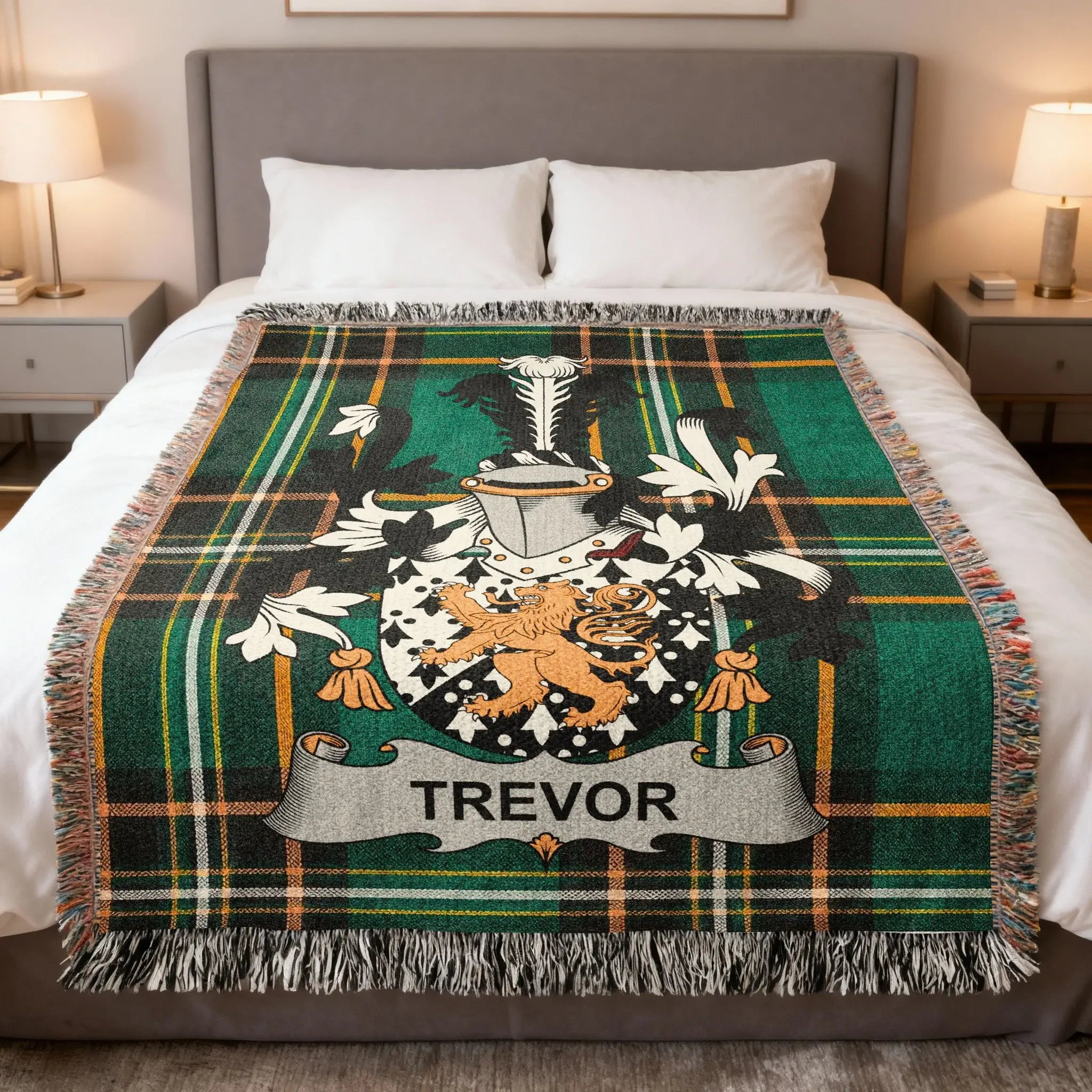 Tartan blanket featuring a coat of arms with the name TREVOR.