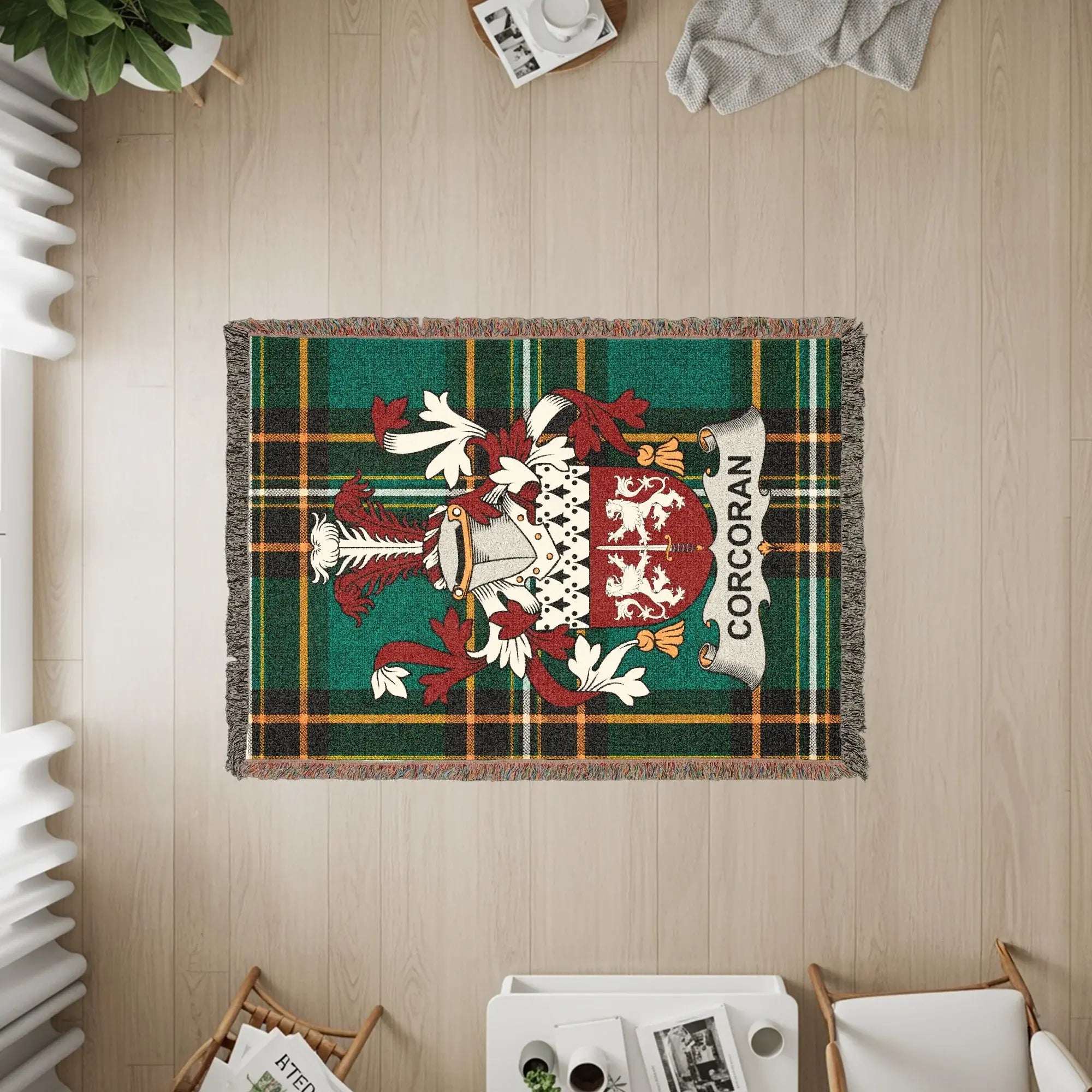 Corcoran Irish Family Crest Distinctive Green Plaid Woven Blanket