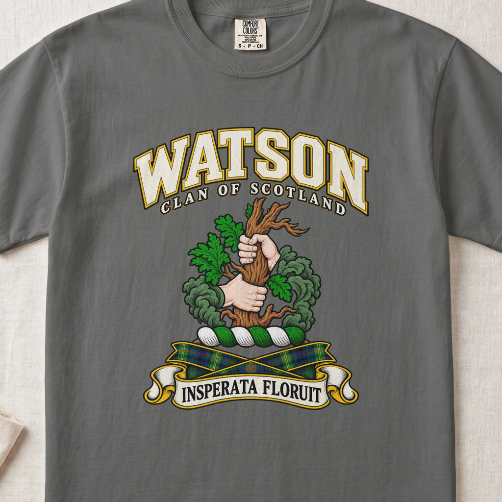 Watson Scottish clan T-shirt in Pepper, front view with two hands gripping a tree trunk with green foliage and motto banner.