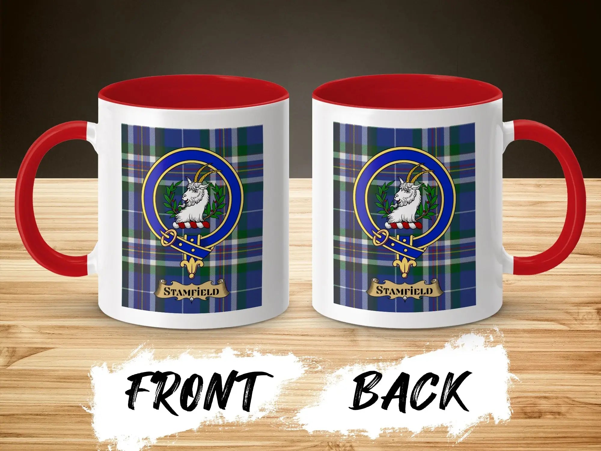 Stamfield tartan-background crest mug shown as a Scottish heritage gift
