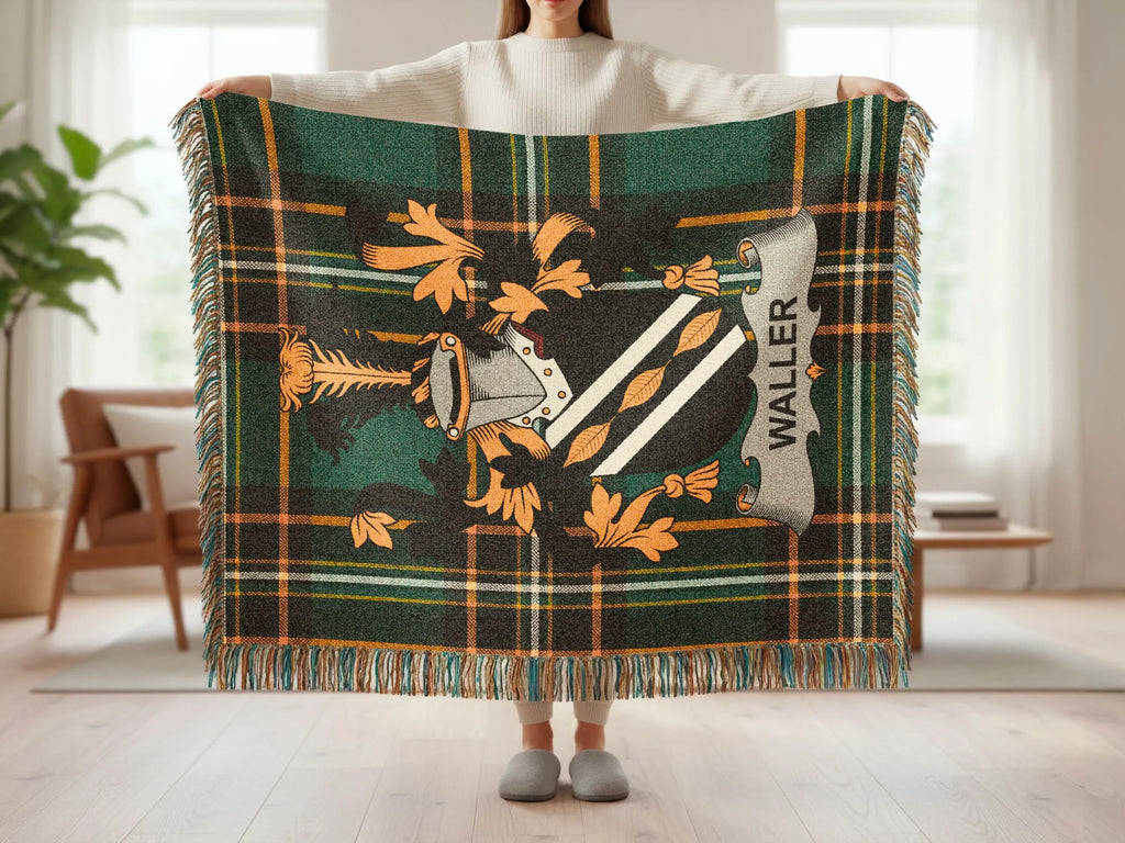 Tartan throw with Waller crest in center.