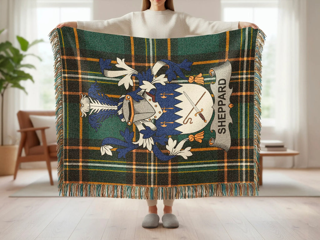 Tartan blanket with blue, green, and gold plaid and a coat of arms with SHEPPARD banner.