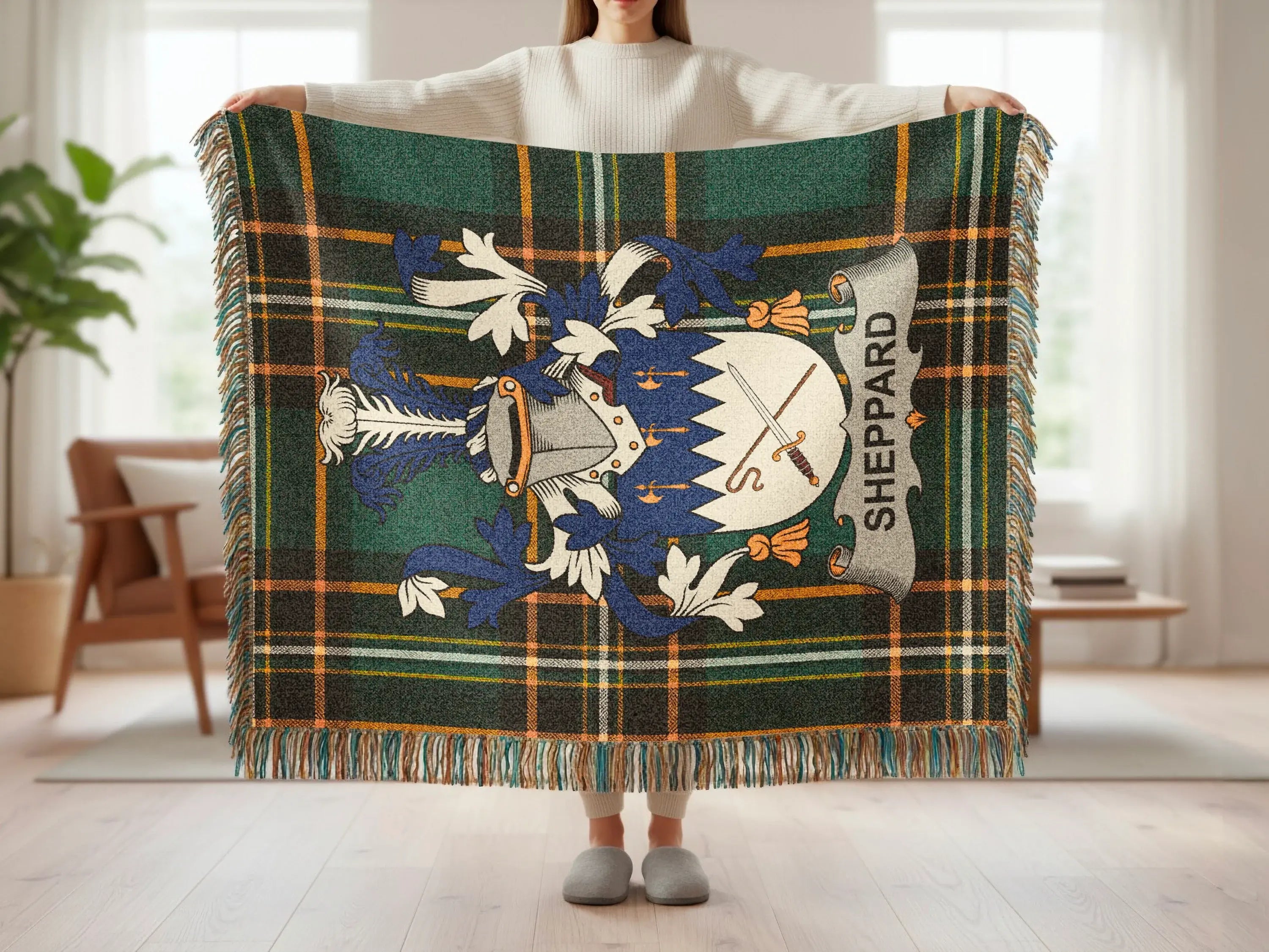 Tartan blanket with blue, green, and gold plaid and a coat of arms with SHEPPARD banner.