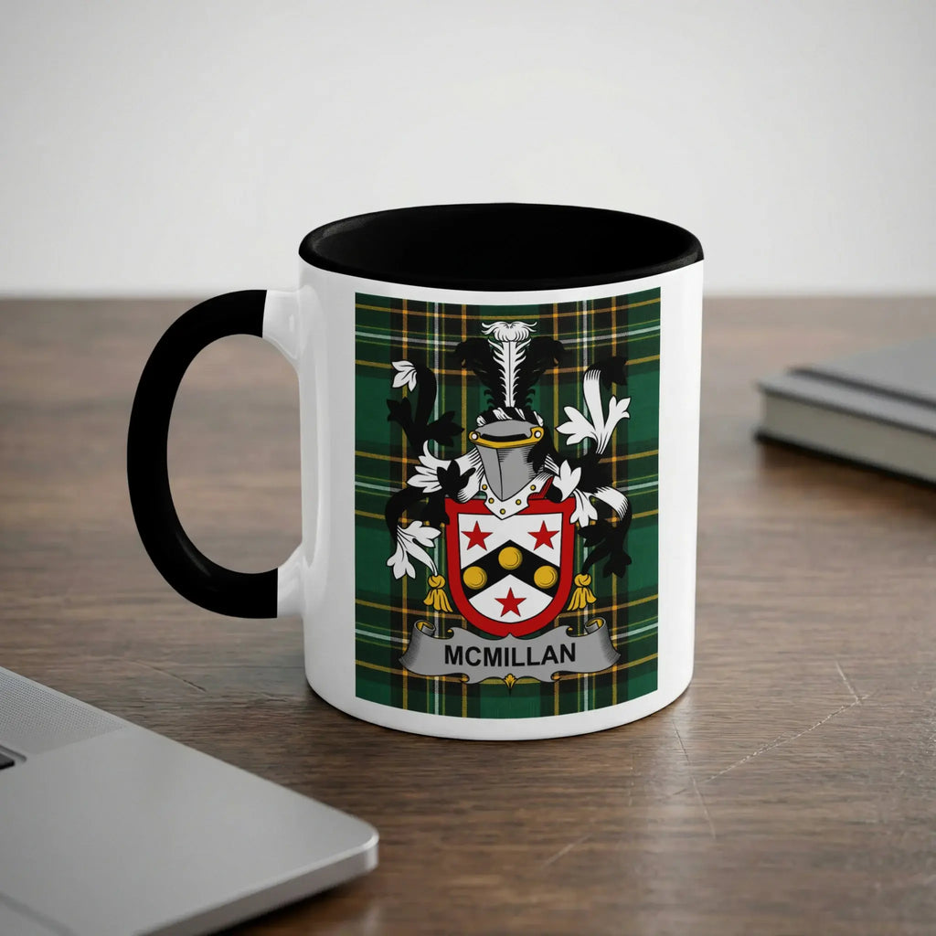 McMillan Irish heritage mug with black handle and family crest
