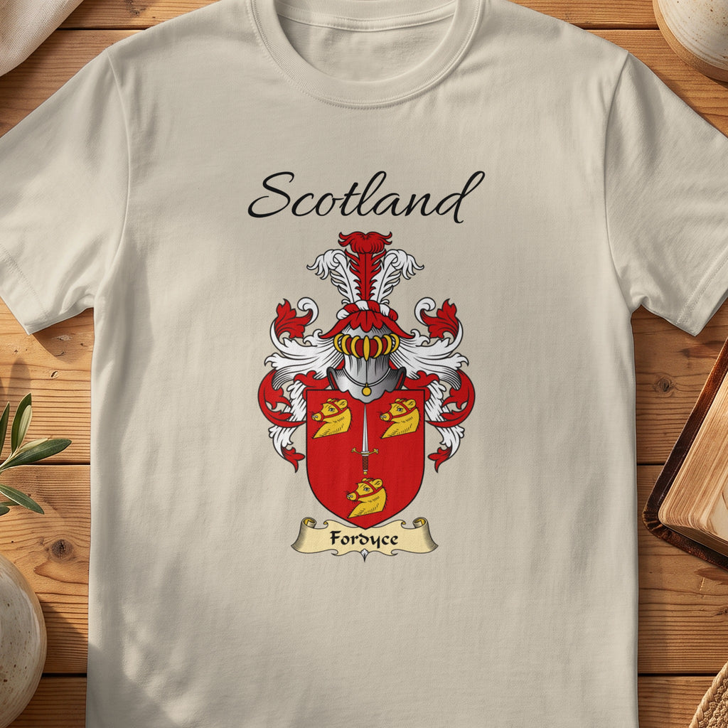 Sand Fordyce Scottish family shield T-shirt featuring gold animal heads on a red shield