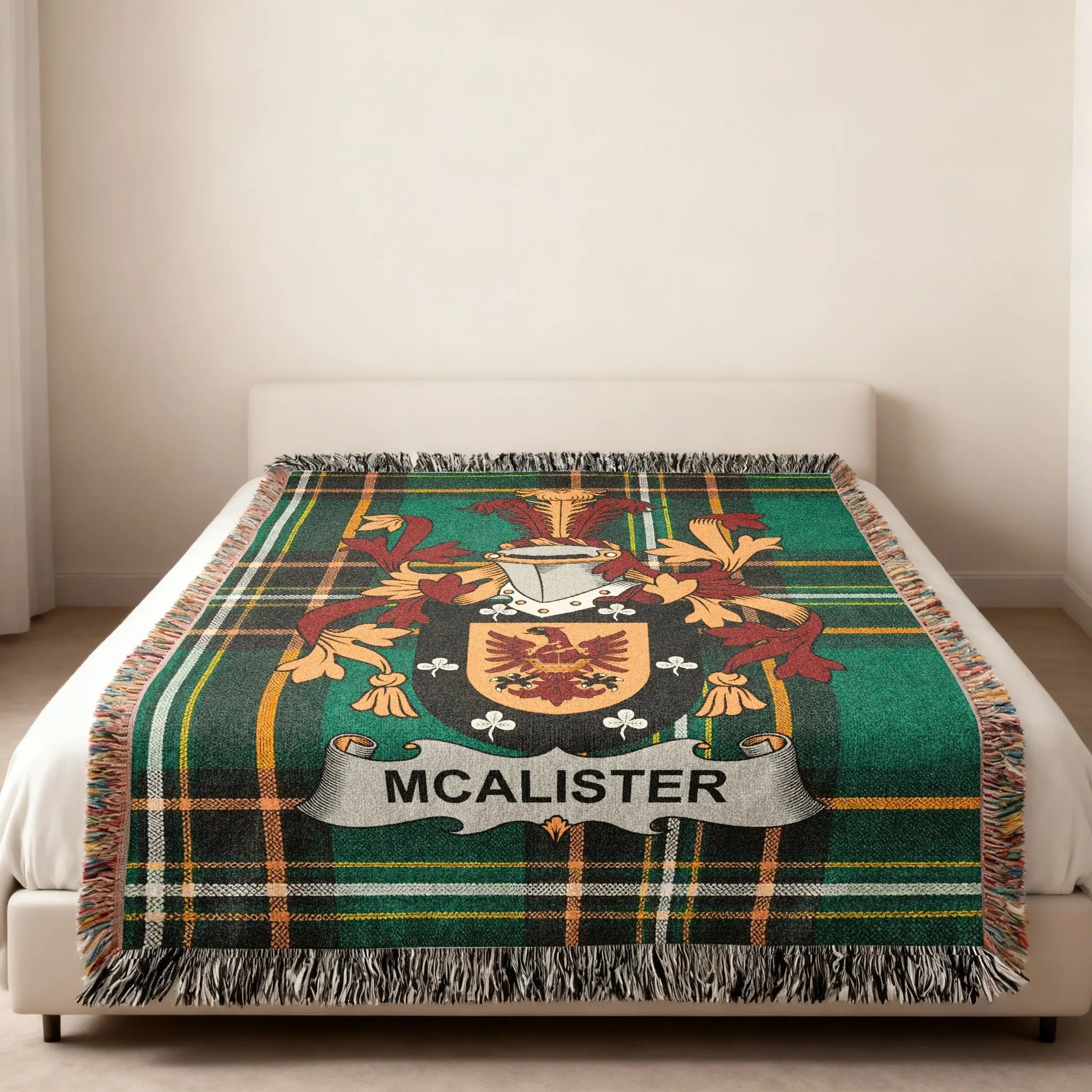 McAlister family shield woven throw for Irish heritage home decor