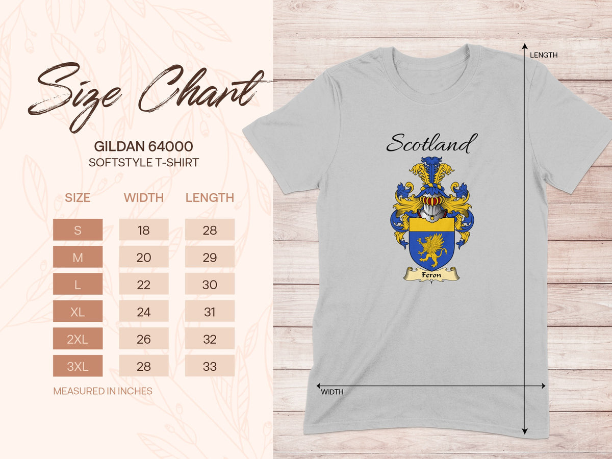 Gildan 64000 size chart for the Feron unisex T-shirt, sizes S to 3XL