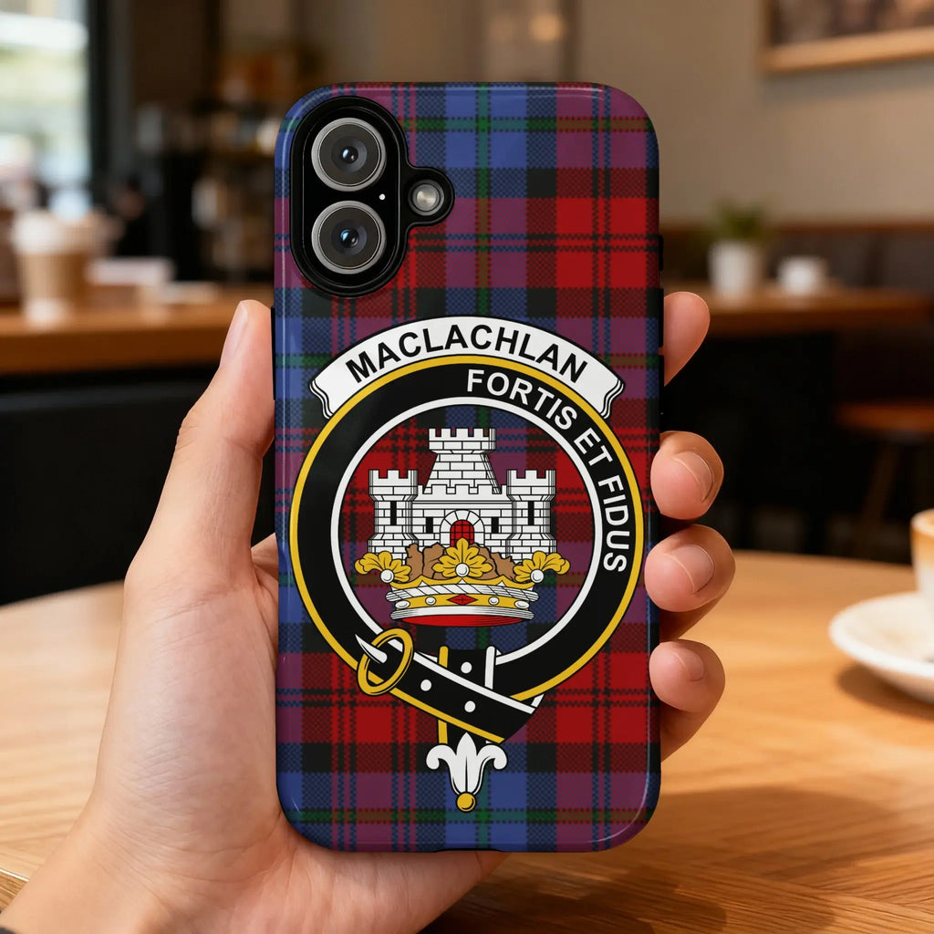 MacLachlan Fortis et Fidus clan crest tartan phone case — edge-to-edge plaid design with heraldic motto