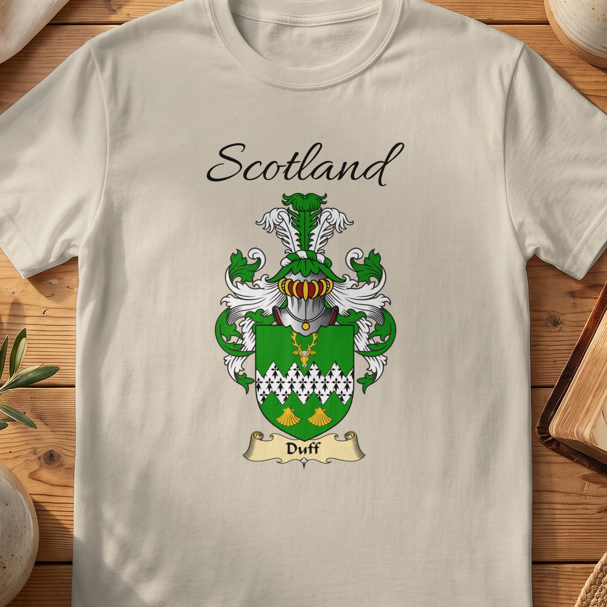 Sand Duff Scottish family shield T-shirt featuring a green shield with a white patterned band
