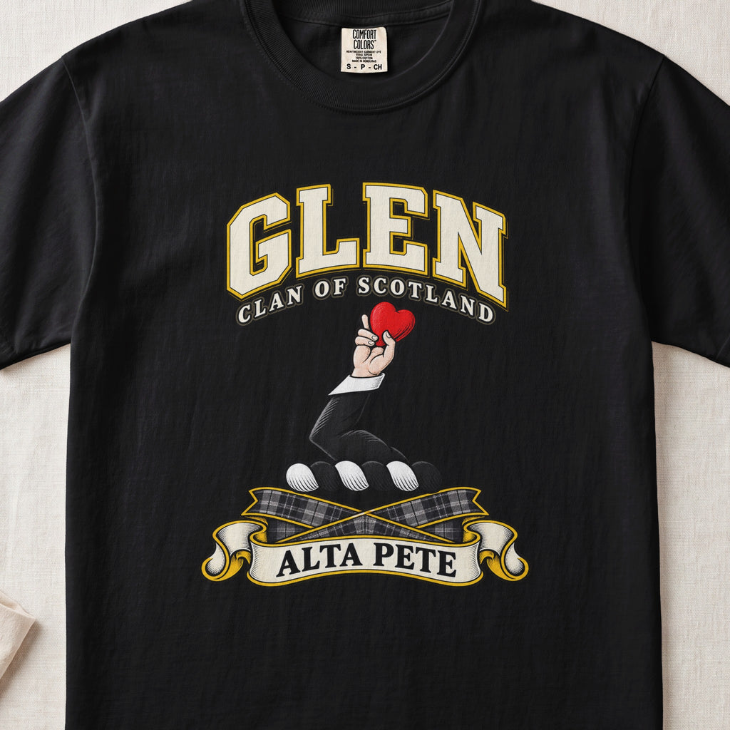 Glen Scottish clan T-shirt in Black, front view with a hand holding a red heart and motto banner.