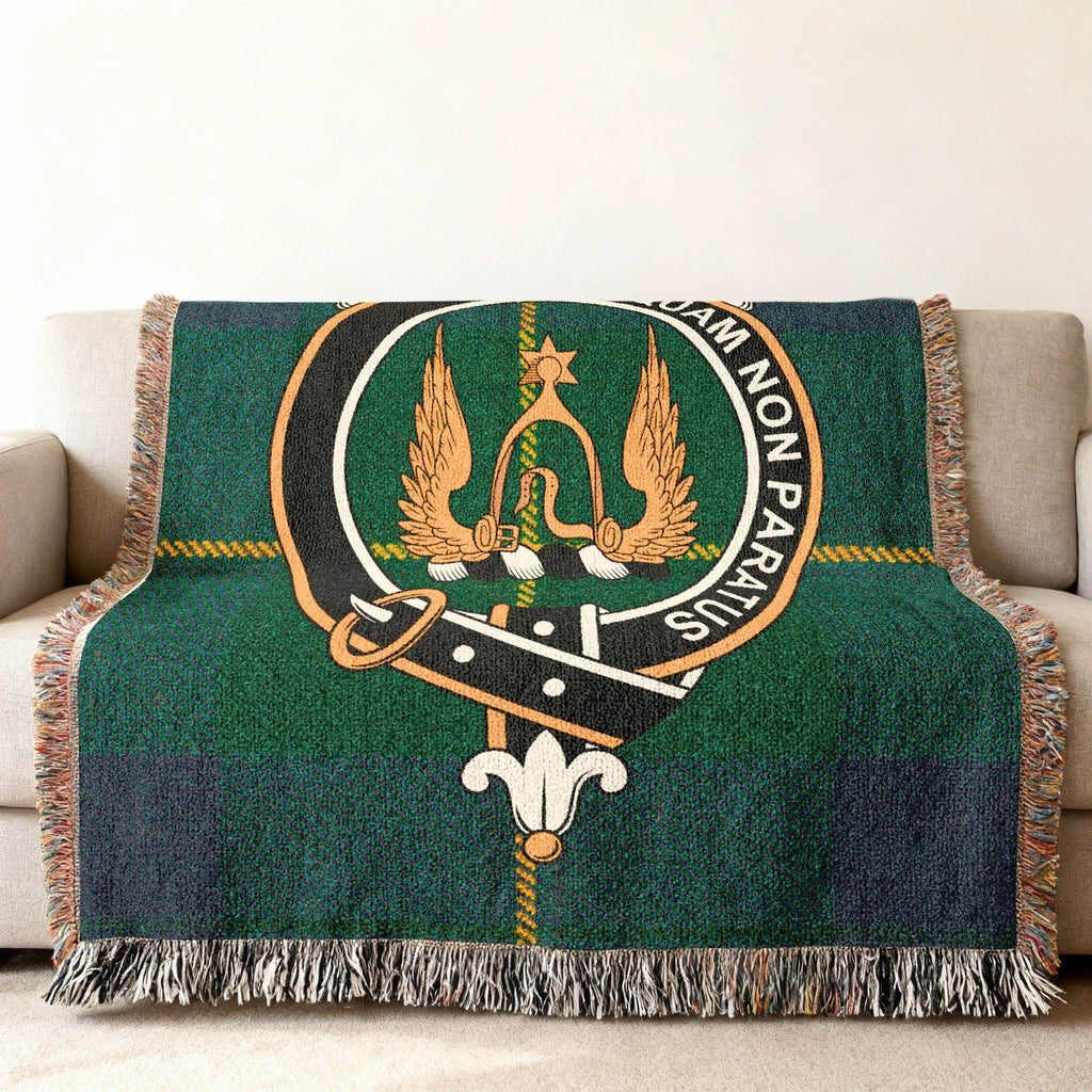 Johnstone clan crest green embroidered fringe throw blanket — 100% cotton woven