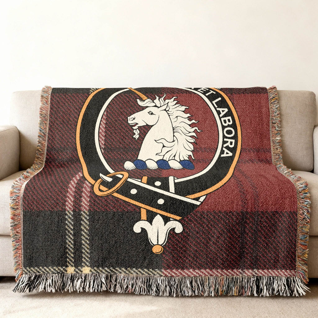Ramsay unicorn crest woven blanket — folded, showing tartan and emblem detail
