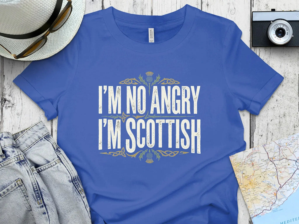 Blue t-shirt with "I'm No Angry I'm Scottish" text and thistle design.